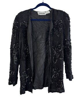 Vintage Black Beaded & Sequined Silk Jacket With Polyester Lining By American Ni